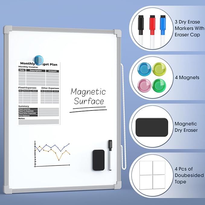 MaxGear Double-Sided Dry Erase Board for Wall, 16"x12" Hanging Whiteboard, Small Dry Erase White Board kit, Portable Whiteboard for Planning, Drawing, Memo, to Do List, Grey Frame
