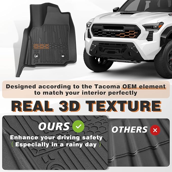 TripleAliners for Tacoma 2024 2025 Double Cab Floor Mats (Fit Auto Trans ONLY) All Weather Floor Liners Compatible with 2024+ Toyota Tacoma Accessories Front & Rear Mats, 3PCS(Not for Hybrid/Manual)