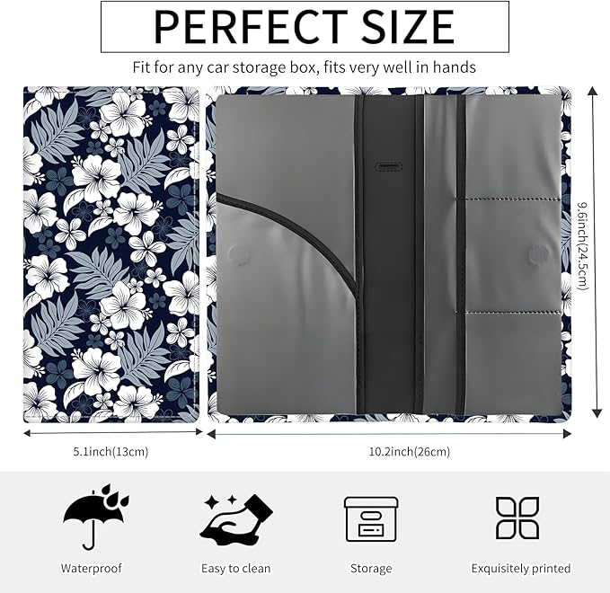 Premium Car Registration and Insurance Card Holder, Cute PU Leather Car Document Holder, Vehicle Glove Box Car Organizer with Magnetic Closure for Driver License, Cards Navy Tropical Hibiscus