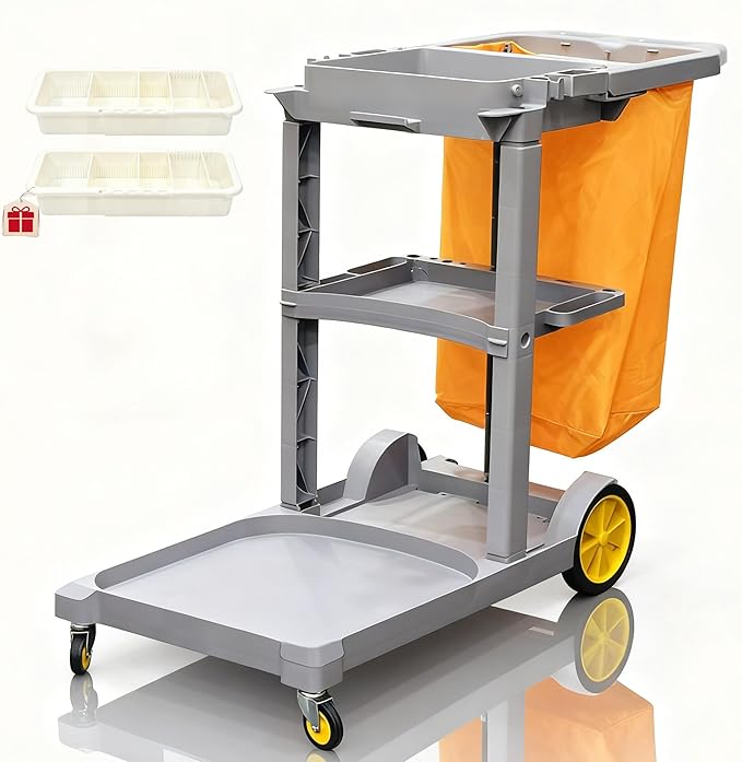 PYY Cleaning Carts On Wheels - Janitorial Cart w/ 3-Shelf & 2 Bins, Smooth Swivel Caster, 65L Collection Bag, 300LBS Load Capacity, Sturdy Cleaning Cart for Housekeeping, Janatorial Cleaning (Gray)