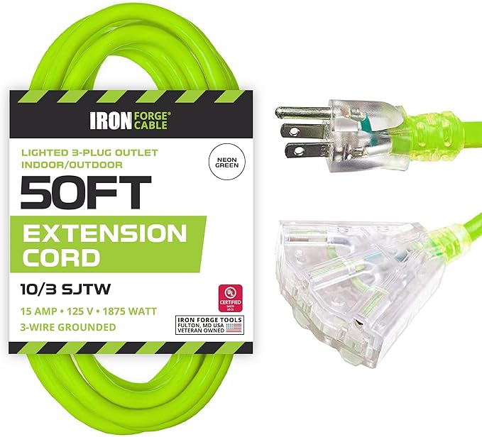 Iron Forge Cable 10 Gauge 50ft Lighted Outdoor Heavy Duty Extension Cord with 3 Outlets - 15 Amp 10/3 SJTW Green Extension Cord with Multiple Outlets
