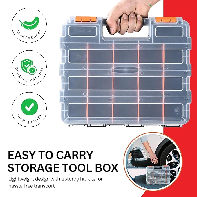 Andalus Tools Organizer Box, Small Parts Storage 34-Compartment Double-Sided Portable Hardware Organizer Removable Plastic Dividers for Screws, Nuts, Bolts, Nails – Orange (1 Pack, 12.5" x 10.5" x 3")