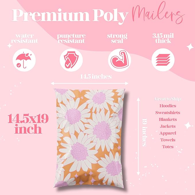 14.5x19 Designer Poly Mailer 100 Pack Heavy Duty Waterproof Self Seal Shipping Bags for Small Business Large Mailing Envelopes Bulk Tear Resistant Packaging Pink Blooms Flowers