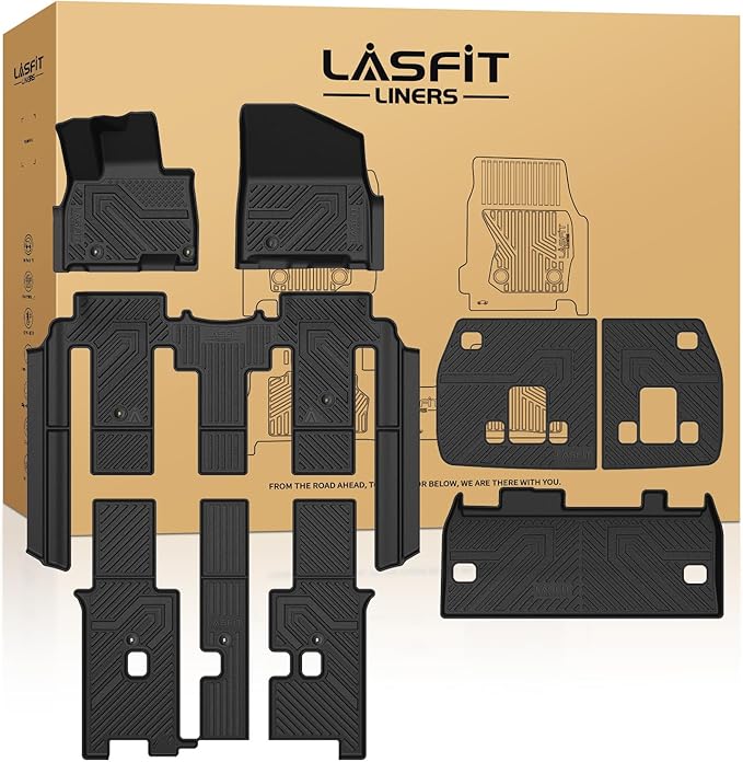 LASFIT Floor Mats & Backrest Mats & Cargo Mat for Kia Carnival Hybrid 2026 2025 (Only Fit Hybrid & 8 Seats), All Weather TPE Custom Fit Floor Liners Full Set Car Mats Trunk Mat Accessoires, Black