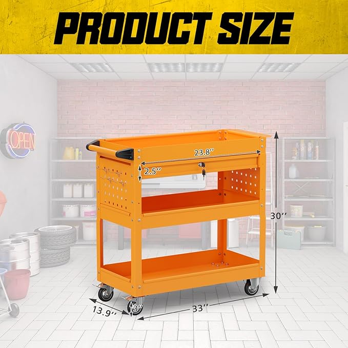 3 Tier Rolling Tool Cart on Wheels, 450 LBS Capacity Tool Cart with Drawers, Heavy Duty Rolling Utility Carts on Wheels, Rolling Tool Work Carts for Garage, Warehouse and Repair Shop,Orange