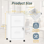 2 Drawer File Cabinet on Wheels, Mobile Filing Cabinets with Lock, Metal Storage Cabinet, Vertical Filing Cabinets for Home Office, Rolling File Cabinet for Under Desk, Amssebly Required,White