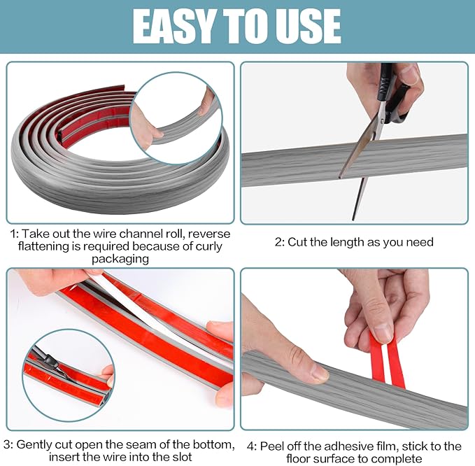 Floor Cord Cover Self Adhesive Cord Hider,20FT Cable Management, Extension Strip Protector for Wires, Prevent Cable Trips for Offices, Gyms, Exhibitions Cavity:0.39"(W) x 0.27"(H) Gray Wood