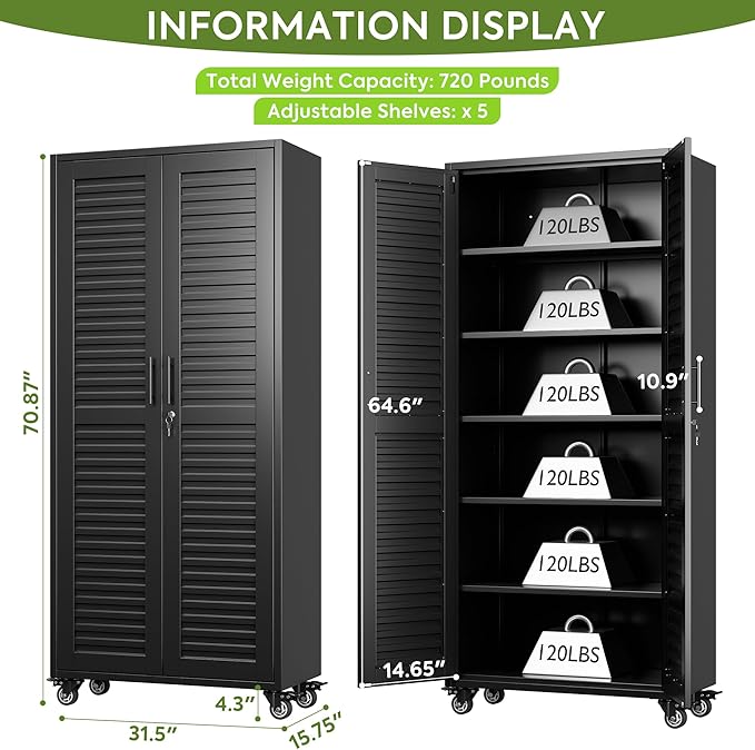 Garage Storage Cabinet with Wheels & Pegboard, Lockable Metal Storage Cabinet with Doors and 5 Adjustable Shelves for Garage Workshop Home, Assembly Required, Black, 70.87"H x 31.5"W x 15.75"D