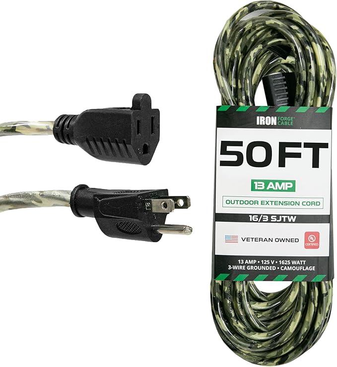 Iron Forge Cable Camo Outdoor Extension Cord 50 ft, 16/3 SJTW 50 Foot Camoflauge Exterior Extension Cord 3 Prong, Weatherproof Heavy Duty Power Cable for Outside, Deck, Landscaping, Lawn & Hunting