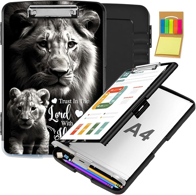Clipboard with Storage,Office Supplies Nursing Clipboards Folder with Pen Holder Plastic Storage ClipBoard Foldable for Teacher Nurse,Lion Proverbs 3:5