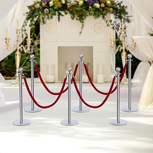 6 PCS Stanchions and Velvet Ropes Set, Hollow Base with Stainless Steel Post&4 Red Velvet Ropes, Crowd Control Barriers for Party Supplies, High-end Venues, Museums