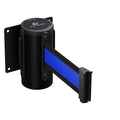 Crowd Control Warehouse - CCW Series WMB-125 Fixed Wall Mount Retractable Belt Barrier - 11 Foot, Black/Blue Stripe Belt with Black Steel Case