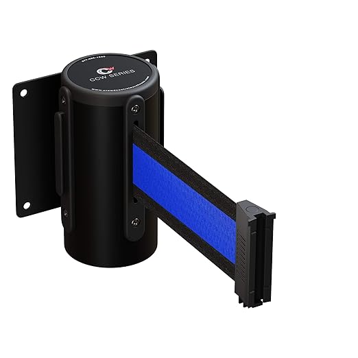 Crowd Control Warehouse - CCW Series WMB-125 Fixed Wall Mount Retractable Belt Barrier - 11 Foot, Black/Blue Stripe Belt with Black Steel Case