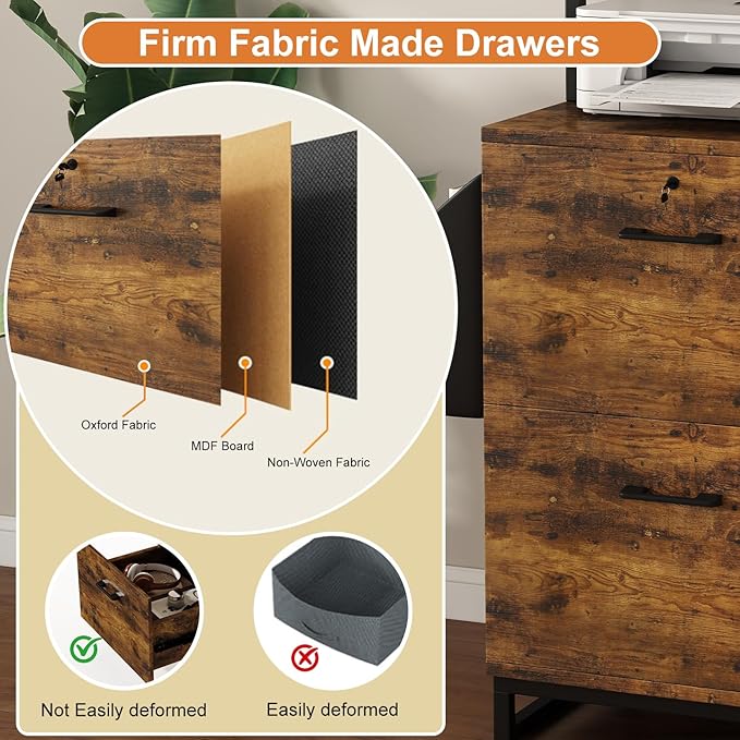 Locking Double Drawer File Cabinet with 4-Tier Display Shelf & Storage Bag, Vintage Rustic Brown Printer Stand for Home Office