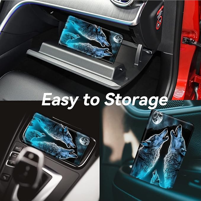 Car Registration and Insurance Holder, Leather Car Glove Box Organizer, Cool Car Accessories for ID, Driver's License Cards & Essential Document, business cards, Men&Women,Howling Wolf/Moon