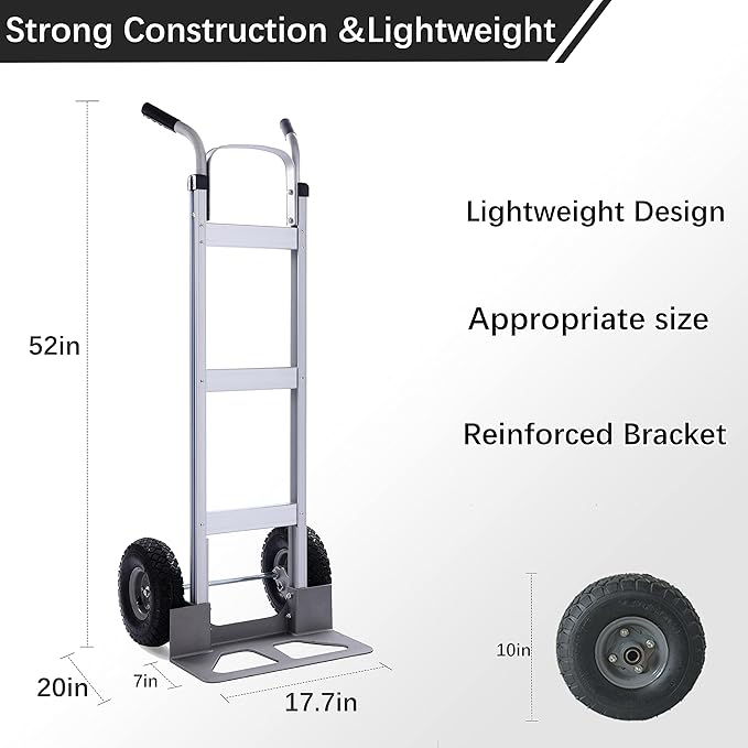 LEADALLWAY Aluminum Hand Trucks Heavy Duty with 10“ Rubber Inflatable Wheels,2 Wheel Dolly 550lbs Capacity