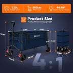 220L Collapsible Wagon Cart Foldable, 38" L Extra Large Heavy Duty Folding Beach Wagons with All-Terrain Wheels, Utility Carts for Camping, Sports, Shopping, Groceries - Blue