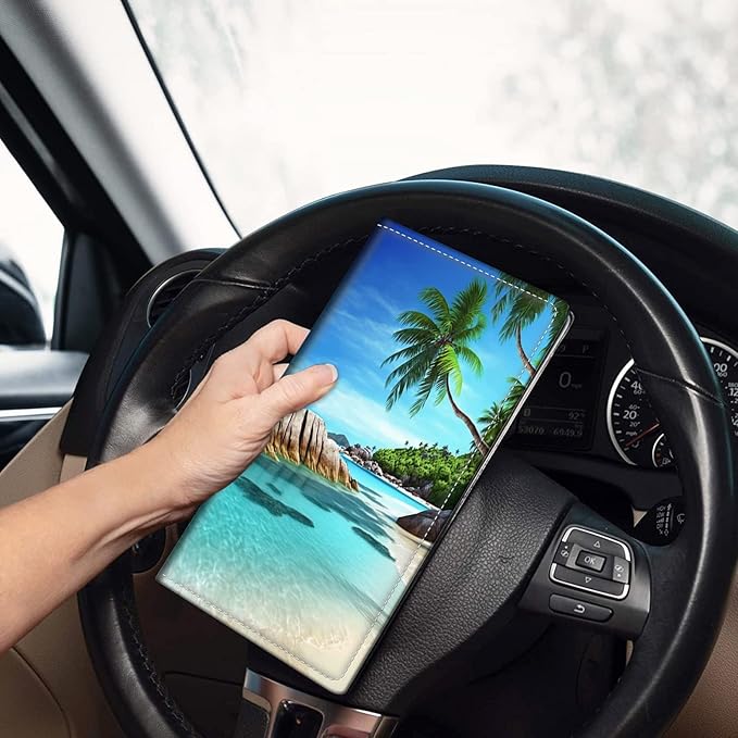 Car Registration and Insurance Holder, Leather Car Glove Box Organizer, Cool Car Accessories for ID, Driver's License Cards & Essential Document,business cards,Men&WomenBeach Palm Trees