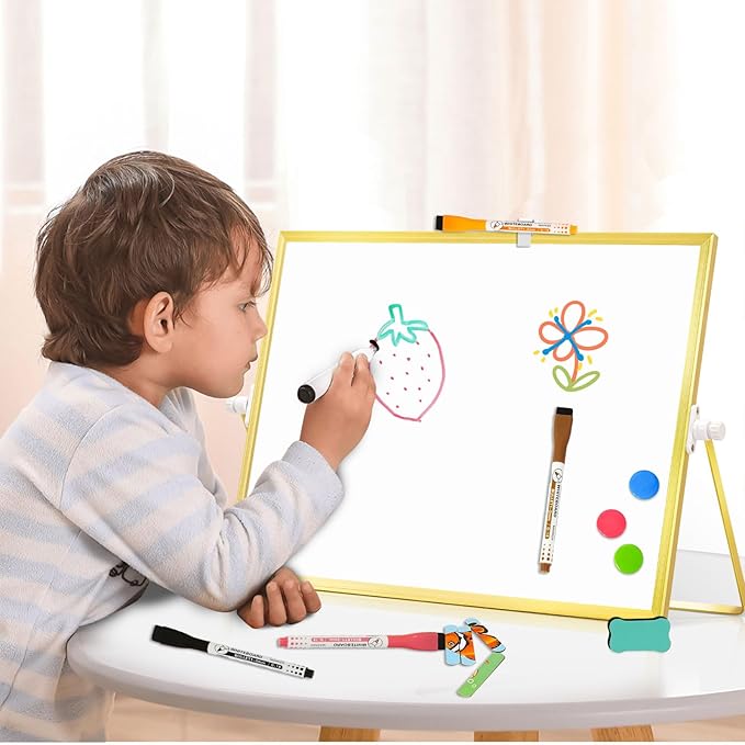 Magnetic Dry Erase White Board, 16" x 12" Double-Sided Golden Aluminum Frame Desktop Whiteboard with Stand, Portable Small Whiteboard Set for Drawing, Office, Home, School