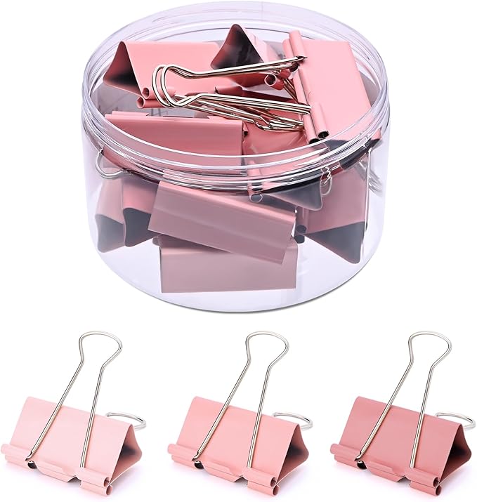 Temiary Aesthetic Binder Clips, 12 Pcs 2 Inches Small Metal Binder Clip with Clear Storage Container, Binding Paperwork Clamps for School Teachers Office Supplies (Pink)