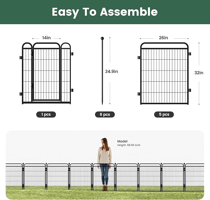 32 in(H) Decorative Garden Fence Outdoor for Yard with Gates,Heavy Duty Iron 6 Panels Total 13ft(L) Anti Dig Fence with Gravity Automatic Lock for Indoor/Outdoor Decorative Dog Fence,Black