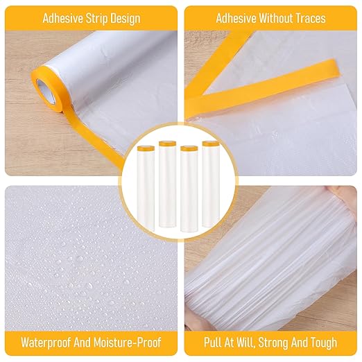 Pre-Taped Masking Film, 4 Rolls 8.8 x 65 Feet Plastic Sheeting, Painters Drop Cloth for Automotive, Furniture, and Appliance Protection