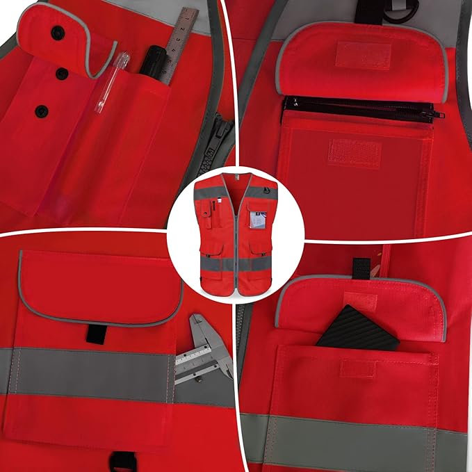 TCCFCCT Red Safety Vest for Men Women 9 Pockets High Visibility Reflective Vest for Safety, Work Vest with Reflective Strips, Meets ANSI/ISEA Standards, Large