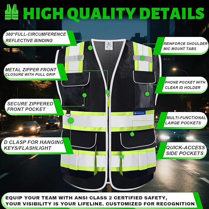 BeautyWill Custom Logo Safety Vest Class2 High Visibility Reflective Vest Breathable Construction Vest