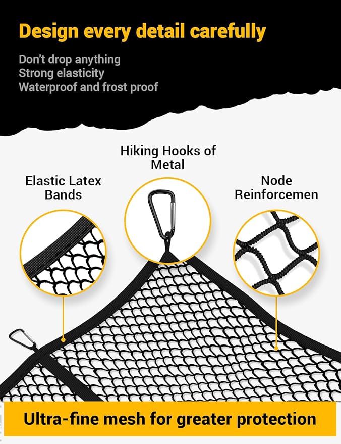 Cargo Net for Pickup Truck Bed - Stretchable 4'x4' to 7'x7', High Elastic Fine Mesh 1''x1'' with 8 Metal Carabiners - Ideal for ATV, SUV, UTV, Truck and Boat Use (Single Layer)