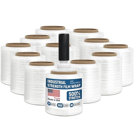5" x 1000’ Industrial Strength Stretch Wrap, Ready to Use Pack of 12 Mini Rolls with one Handle, Clear Plastic Film, 80 Gauge, 500% Elongation – Heavy-Duty Shrink Wrap for Moving, Packing