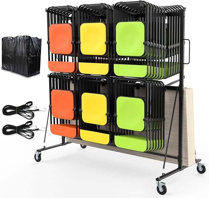 Folding Chair Rack for Storage,Folding Chair Cart 84 Chairs on Wheels Table Storage Cart 600 LBS Capacity Heavy Duty Steel Mobile Dolly Storage Rack with Dust Cover & Elastic Cords