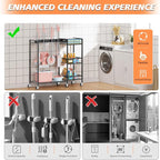 Broom and Mop Holder, MUNNAR Broom Storage Holder with Cleaning Supplies Organizer, 2-in-1 Broom Mop and Cleaning Supplies Storage Cleaning Cart, Cleaning Cart with Wheels for Housekeeping