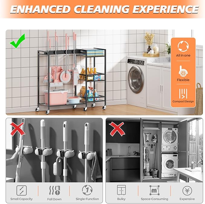 Broom and Mop Holder, MUNNAR Broom Storage Holder with Cleaning Supplies Organizer, 2-in-1 Broom Mop and Cleaning Supplies Storage Cleaning Cart, Cleaning Cart with Wheels for Housekeeping