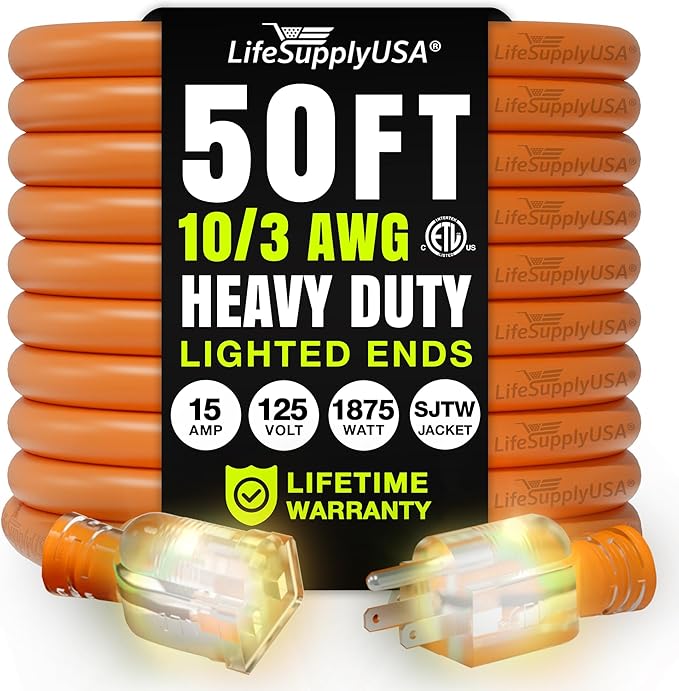 50ft Outdoor/Indoor Extension Cord 10/3 Gauge Ultra Heavy Duty 3 Prong SJTW, Waterproof, ETL Listed, Flexible Cold-Resistant Long Power Cord,15A 125V 1875W, Orange by LifeSupplyUSA