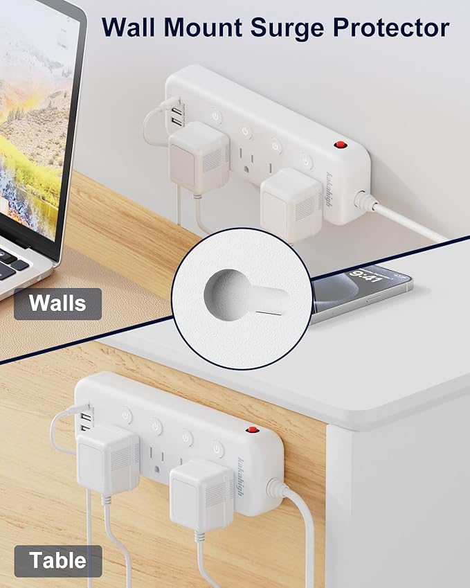 10FT Heavy Duty Extension Cord with Individual Switches on Off, 1875W Appliance Extension Cord with USB Ports, 8 outlets, High Wattage for Microwave, Aquarium, Kitchen, Garage Must Have