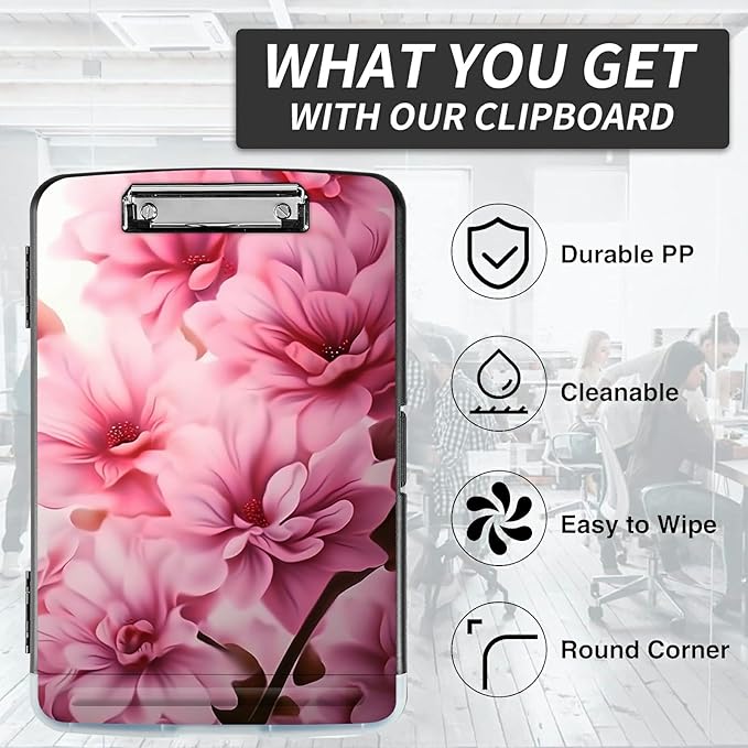 File Clipboard Storage with Pen Holder High Capacity Plastic Nursing Clipboards File Folder Storage Box Clipboard with Heavy Duty Clips for Teacher,Doctor,Offices-Pink Flowers