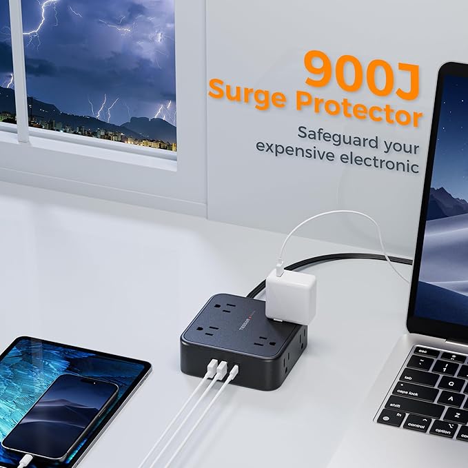 TESSAN Surge Protector Power Strip Black, 5 Ft Flat Plug Extension Cord with 3 USB (1 USB C) 8 Outlets, 900J Surge Protection, 3 Sided Outlet Extender with Power Switch for Office, Dorm Room