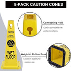OrangeStar 8-Pack Wet Floor Caution Cones, Yellow Four Sided Bilingual Warning Message Safety Traffic Cones with Heavy Rubber Base for Indoor/Outdoor Use