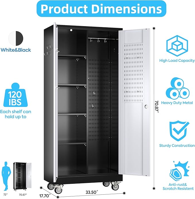 Broom Closet Storage Cabinet with Hanging Rod, 71" H Garage Storage Cabinet with Wheels and Pegboard & 13 Hooks for Garage, Home, Metal Cabinets, Black and White