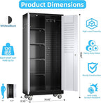 Broom Closet Storage Cabinet with Hanging Rod, 71" H Garage Storage Cabinet with Wheels and Pegboard & 13 Hooks for Garage, Home, Metal Cabinets, Black and White