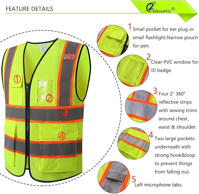 Reflective Mesh Safety Vest for Men Women with 5 Pockets and Zipper Front High Visibility Mesh Vest Hi Vis Construction Work Vest,Meets ANSI/ISEA Standards(EK175-Yellow-4XL)