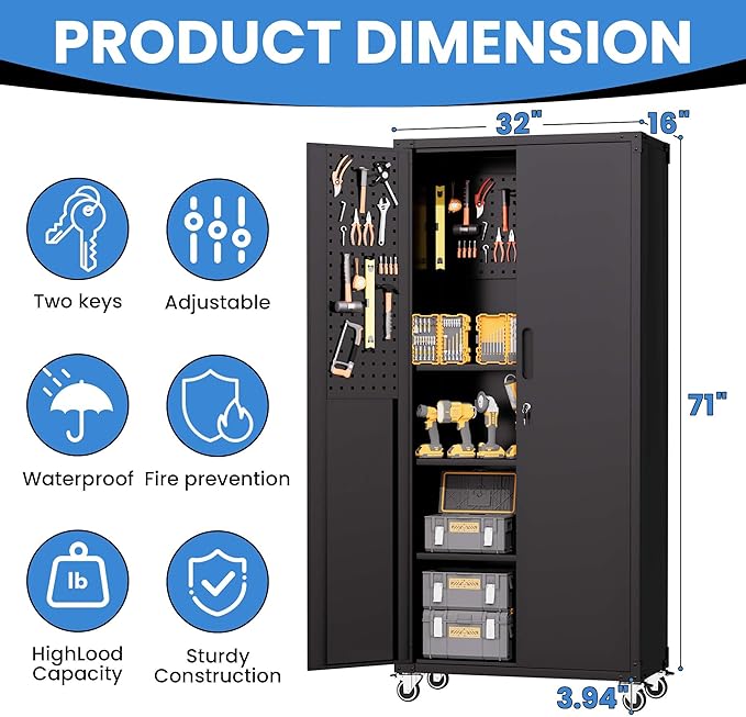 Garage Metal Storage Cabinet with Pegboard, 71'' Tall Storage Cabinet with Adjustable Shelves and Doors, Rolling Tool Cabinet on Wheels for Garage, Utility Room (Black)