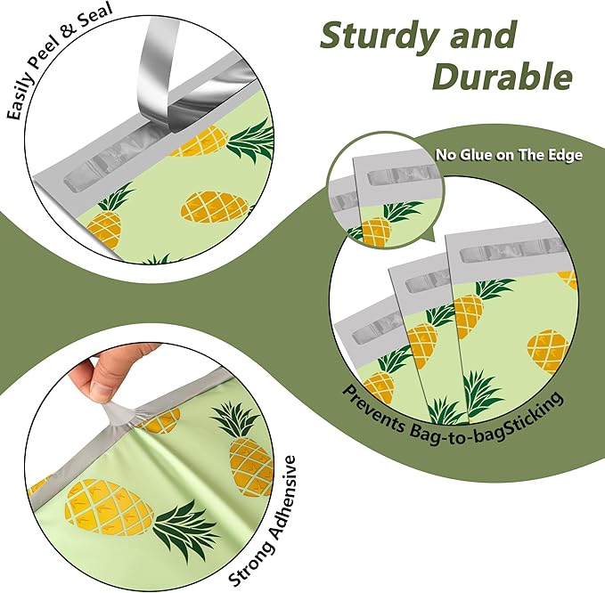 Poly Mailers 10x13 Inch 25 Pcs - Pineapple printed Shipping Bags, 2.4mil Thickness, Waterproof and Tear Resistant Mailing Envelopes, Self-Sealing Packaging Bags for Small Business