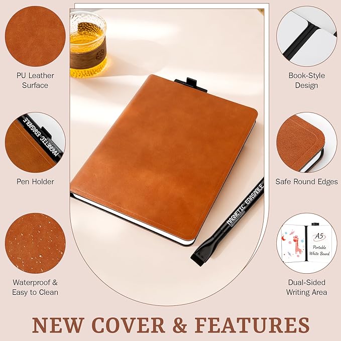 A5 Portable White Board Dry Erase Notebook, PU Leather Shell Double Sided Folding Whiteboards with 3 Pens, 8.4" x 6" Mini Dry Erase Board for Study, Meeting, Planning,doodling,Gift for Child