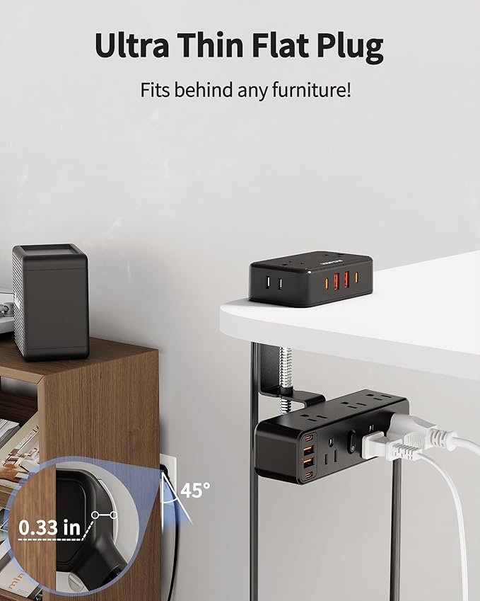Dual Layer Desk Clamp Power Strip with 13 AC Outlets 8 USB (4 USB C), Fit 2.75" Tabletop, Desktop Edge Mounted Surge Protector (1700J),10 Ft Extension Cord, Desk Outlet for Office Home, Black