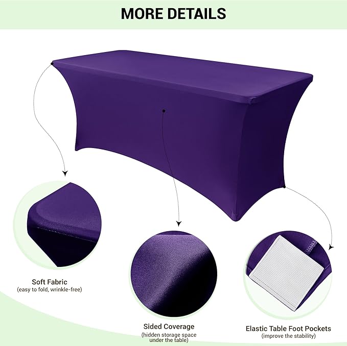 Obstal 6 Pack Stretch Spandex Table Covers for 6 Foot Tables - 6 FT Universal Rectangular Fitted Tablecloth Protector for Wedding, Banquet, Party (Dark Purple, 72 L x 30 W x 30 H Inches)