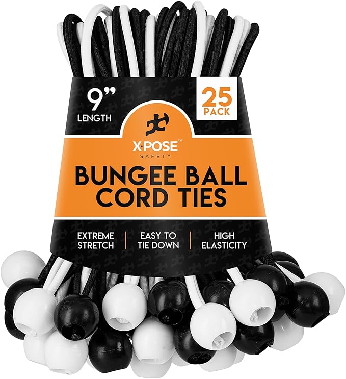 Xpose Safety Bungee Ball Cords 9" 25 Pack Heavy Duty Assorted Colors Black and White Stretch Rope with Ball Ties for Canopies, Tarps, Walls, Cable Organization