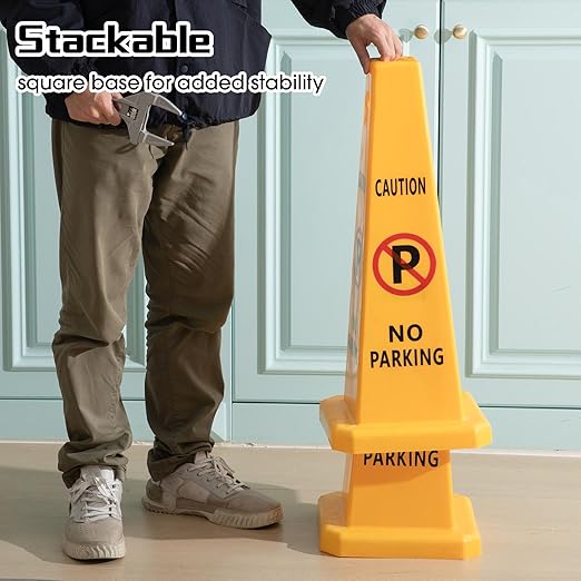 10 Pack No Parking Cones 26.38 Inch Four Sided Visibility Traffic Safety Cone No Parking Sign Floor Standing Yellow for Lawn, Driveway, Garage, Yard, Fire Lane, Construction, Street