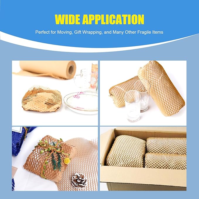 Honeycomb Packing Paper Roll 12" x 295 FT with Fragile Stickers– Biodegradable Cushioning Wrap for Moving, Shipping & Gift Wrapping – 100% Recyclable, FSC Certified Eco-Friendly Packaging