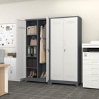 LUCYPAL Broom Storage Cabinet with Locking Doors and Shelves,Broom Closet Storage Cabinet with Hanging Rod and Hooks,Metal Garage Cabinets for Kitchen,Bathroom,Office 72.8" H White&Grey